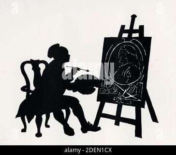 A paper cutting or silhouette of Hogarth painting Fielding.  William Hogarth, 1697 – 1764. English painter, printmaker, pictorial satirist, social critic, and editorial cartoonist.  Henry Fielding, 1707 – 1754.  English novelist and dramatist.  From A Bookman's Budget, published 1917. Stock Photo