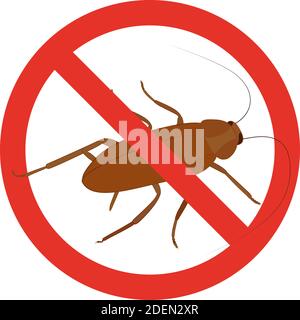 Stop cockroach cartoon icon with red circle. No insects symbol. Vector anti bugs sign illustration Isolated on white. Stock Vector