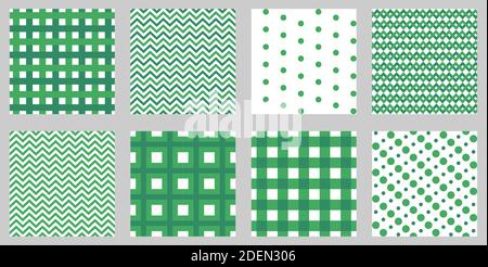 Green and white gingham seamless patterns. Square geometric backgrounds for tablecloths, napkins and other textile products. Set of vector digital pap Stock Vector