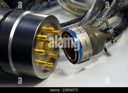 Multi-function cable assembly. Power connector close-up. Power cable connections. Concept - installation of industrial equipment. Multichannel connect Stock Photo