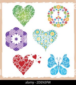 Set of Designs Heart, Flower, Peace and Symbol, Butterfly Silhouette, Grungy frame Stock Vector