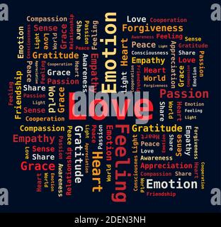 Word Cloud - Love Emotion Passion Gratitude Heart in Red Colors on Dark Background Stock Vector