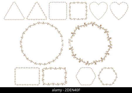 Retro cotton plant twig wreath, great design for wedding invitation, birthday and anniversary greeting card. Autumn composition. Vector frame - square, circle, heart, triangle, hexagon, rectangle. Stock Vector