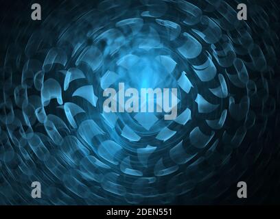 Black-blue fractal, background, texture. Sphere with paper sheets around. Flying paper sheet Stock Photo