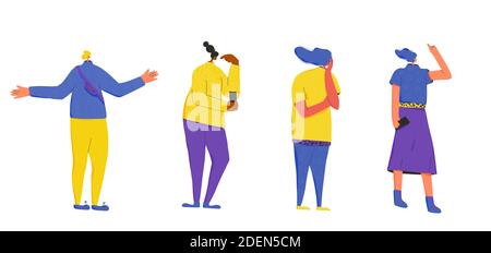 Pensive people isolated on white background. Man and women dressed in casual clothes standing in doubt. Person frustrated by current situation. Group Stock Vector