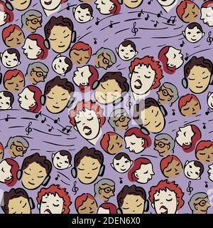 Vector seamless pattern of singing woman and happy audience listening her. Design for radio station or podcast. Stock Vector