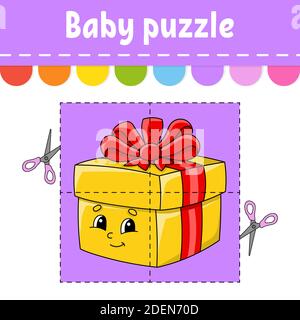 Baby puzzle. Easy level. Flash cards. Cut and play. Christmas theme. Color activity worksheet. Game for children. Cartoon character. Stock Vector