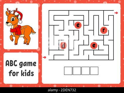 ABC maze for kids. Rectangle labyrinth. Christmas theme. Activity worksheet. Puzzle for children. Cartoon style. Logical conundrum. Color vector illus Stock Vector