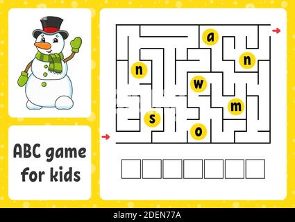 ABC maze for kids. Rectangle labyrinth. Christmas theme. Activity worksheet. Puzzle for children. Cartoon style. Logical conundrum. Color vector illus Stock Vector