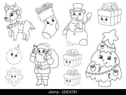 Coloring book for kids. Christmas theme. Cheerful characters. Vector illustration. Cute cartoon style. Black contour silhouette. Isolated on white bac Stock Vector