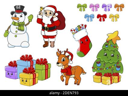 Set of stickers with cute cartoon characters. Christmas theme. Hand drawn. Colorful pack. Vector illustration. Patch badges collection. Label design e Stock Vector