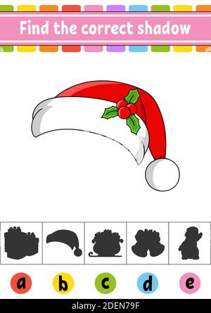 Find the correct shadow. Education developing worksheet. Christmas theme. Activity page. Color game for children. Isolated vector illustration. Cartoo Stock Vector