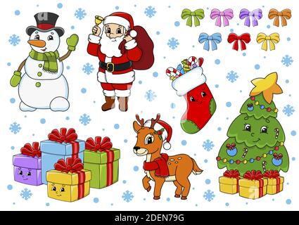 Set of stickers with cute cartoon characters. Christmas theme. Hand drawn. Colorful pack. Vector illustration. Patch badges collection. Label design e Stock Vector