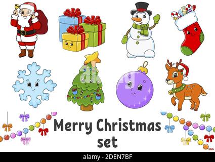 Set of stickers with cute cartoon characters. Christmas theme. Hand drawn. Colorful pack. Vector illustration. Patch badges collection. Label design e Stock Vector