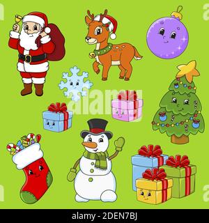 Set of stickers with cute cartoon characters. Christmas theme. Hand drawn. Colorful pack. Vector illustration. Patch badges collection. Label design e Stock Vector