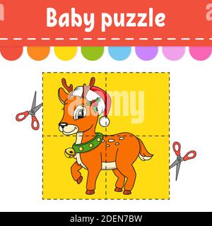 Baby puzzle. Easy level. Flash cards. Cut and play. Christmas theme. Color activity worksheet. Game for children. Cartoon character. Stock Vector