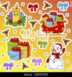 Set of stickers with cute cartoon characters. Christmas theme. Hand drawn. Colorful pack. Vector illustration. Patch badges collection. Label design e Stock Vector