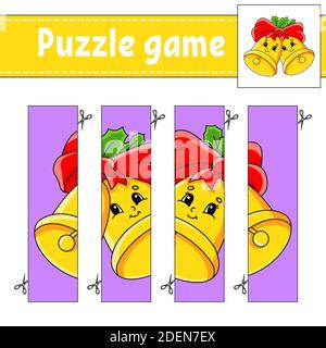 Puzzle game for kids. Cutting practice. Christmas theme. Education developing worksheet. Activity page. Cartoon character. Stock Vector