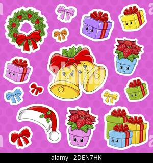 Set of stickers with cute cartoon characters. Christmas theme. Hand drawn. Colorful pack. Vector illustration. Patch badges collection. Label design e Stock Vector