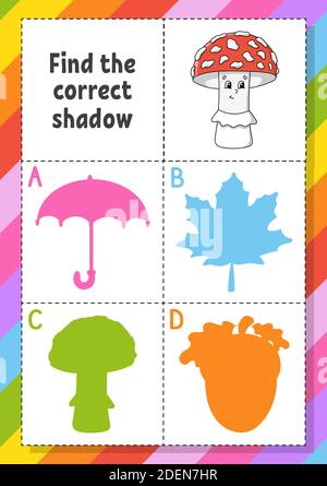 Find the correct shadow. Education developing worksheet for kids. Puzzle game. Activity page. Cartoon character. Autumn theme. Stock Vector