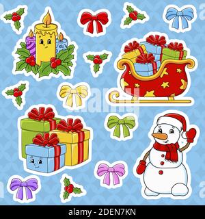 Set of stickers with cute cartoon characters. Christmas theme. Hand drawn. Colorful pack. Vector illustration. Patch badges collection. Label design e Stock Vector