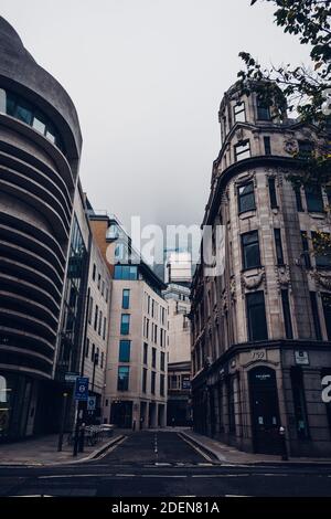Skyscraper in the mist in the financial district, City of  London (Lime Street) UK Stock Photo