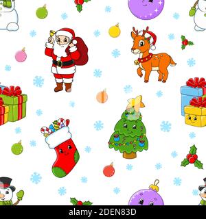 Colored cartoon seamless pattern. Christmas theme. Cartoon style. Hand drawn. Vector illustration isolated on white background. Stock Vector