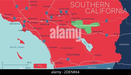 Southern California detailed editable map with with cities and towns, geographic sites, roads, railways, interstates and U.S. highways. Vector EPS-10 Stock Vector