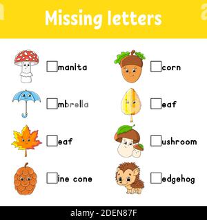 Autumn theme. Missing letters. Education developing worksheet for kids. Activity page. Cartoon character. Stock Vector