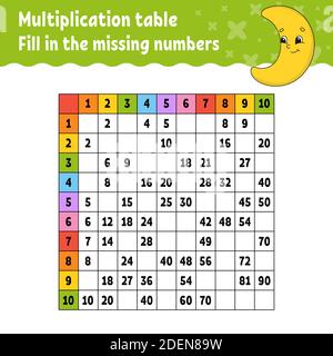 Paste the missing numbers. Learning multiplication table. Handwriting practice. Education developing worksheet. Color activity page. Game for children Stock Vector