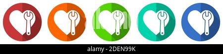 Wrench and heart vector icon set, red, blue, green and orange flat design web buttons isolated on white, vector illustration Stock Vector