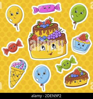 Set of stickers with cute cartoon characters. Happy birthday theme. Hand drawn. Colorful pack. Vector illustration. Patch badges collection. Label des Stock Vector