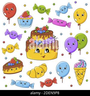 Set of stickers with cute cartoon characters. Happy birthday theme. Hand drawn. Colorful pack. Vector illustration. Patch badges collection. Label des Stock Vector