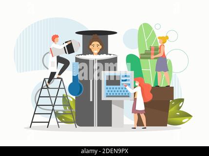 Happy woman visiting cryosauna, flat vector illustration. Whole body cryotherapy, cold therapy. Stock Vector