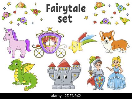 Set of stickers with cute cartoon characters. Fairytale theme. Hand drawn. Colorful pack. Vector illustration. Patch badges collection. Label design e Stock Vector
