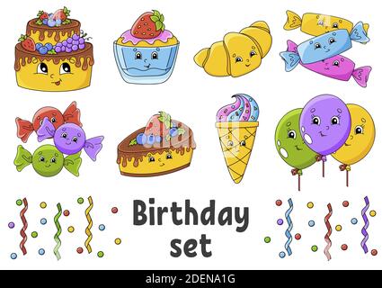 Set of stickers with cute cartoon characters. Happy birthday theme. Hand drawn. Colorful pack. Vector illustration. Patch badges collection. Label des Stock Vector