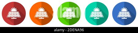 Sun over solar panel vector icon set, red, blue, green and orange flat design web buttons isolated on white, vector illustration Stock Vector