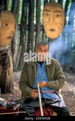 USA, Deep South, Southeast, Appalachia, Cherokee, Oconaluftee Indian Village, wood carver at local tourist village Stock Photo