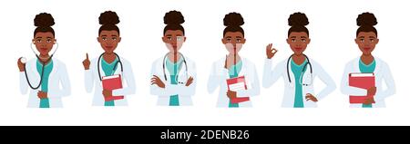 Set Black doctors character woman with stethoscope. Medical staff, doctor, therapist, professional hospital staff. Vector illustration. Stock Vector