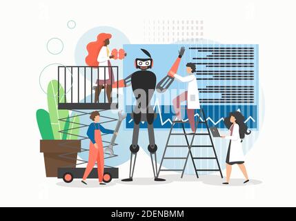 Engineers cartoon characters creating robot in tech robotics laboratory, flat vector illustration. Robotics science. Stock Vector