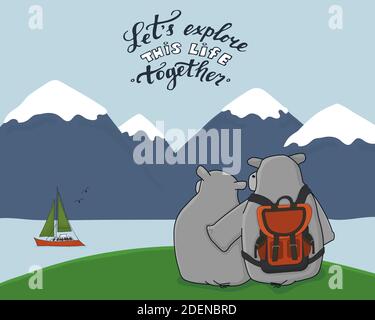 Couple of hippos are on green field in mountains near the river. Lets explore this life together text with birds is in the sky. Yacht is in the water. Orange traveler backpack is on animal back Stock Vector