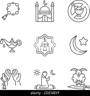 Muslim religious traditions linear icons set Stock Vector