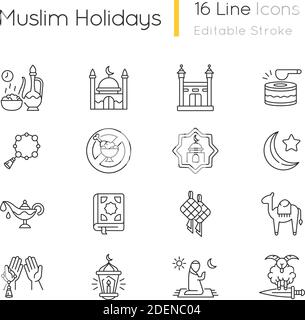 Muslim holidays linear icons set Stock Vector