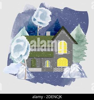 Winter night. Christmas evening. Hand drawn watercolor house and trees. Snow falling. Vector illustration. Stock Vector