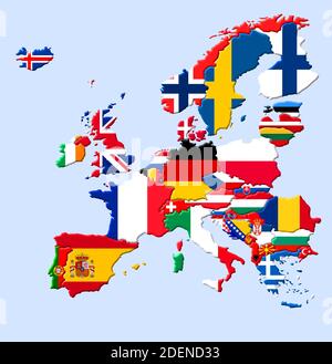 3D map of Europe with countries' flags Stock Photo