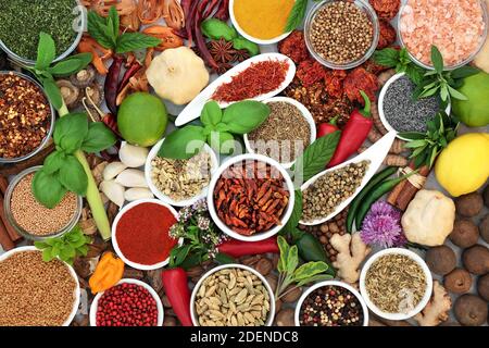 Large herb and spice seasoning collection for culinary classics with herbs and spices in porcelain bowls and loose. Abstract healthy herbs background. Stock Photo