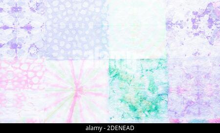 Patchwork abstract background, made of multi-colored patterns. Shibori monochrome design. Material watercolour design concept. Dirty art with spots an Stock Photo