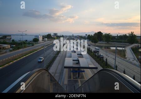 Antalya, Turkey - September, 2018: Light rail line station. City speed tram line along highway in the morning. View from the top of elevator. Stock Photo