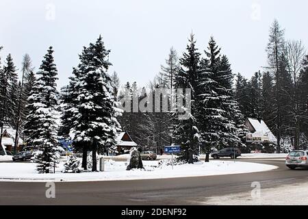 ZAKOPANE, POLAND - DECEMBER 31, 2010: John Paul II round road junction in the winter Stock Photo