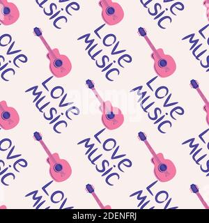 Love music seamless pattern with country guitar, music notes, treble clef, hearts, decorative elements. Stock Vector